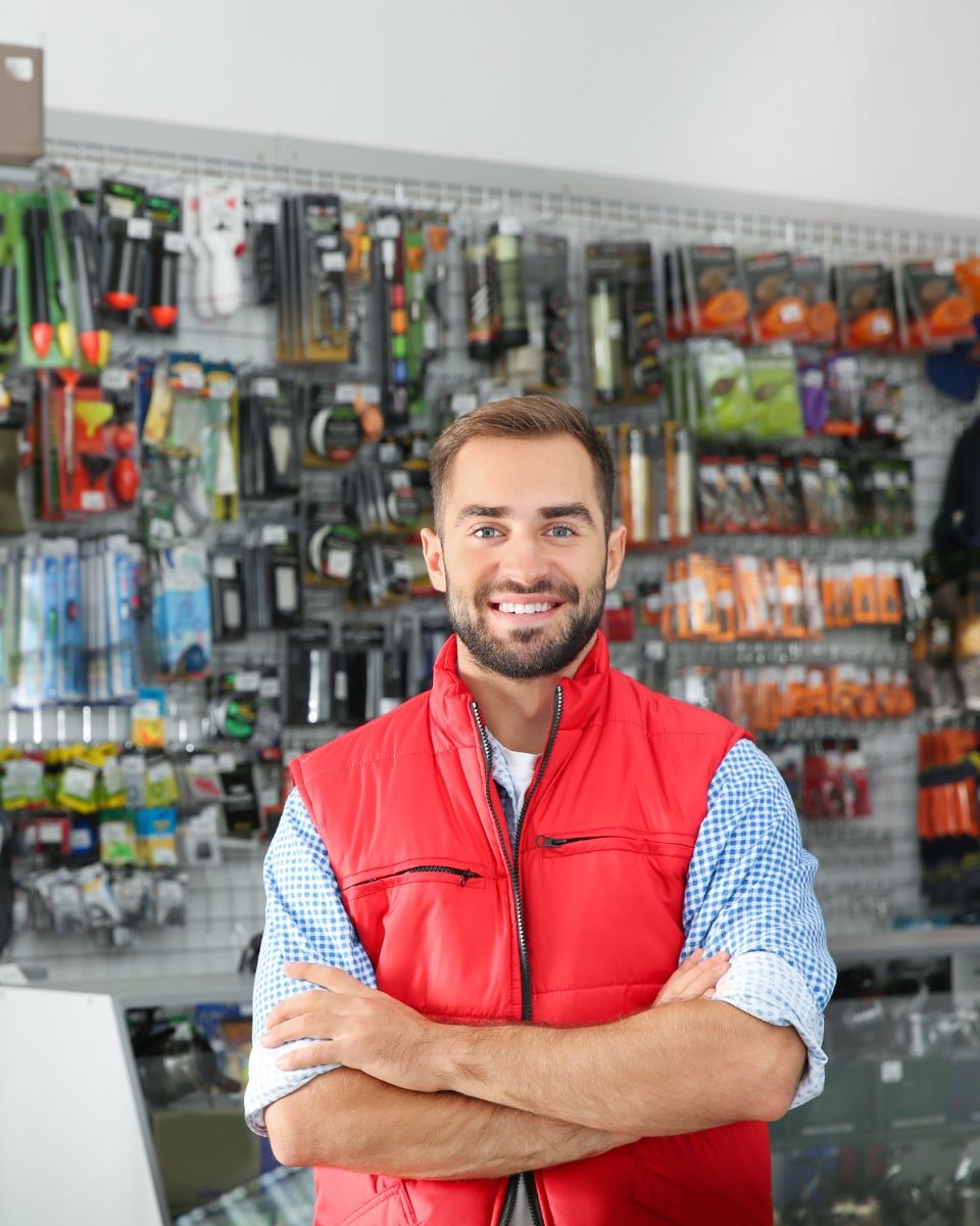 Hardware store owner smiling with his arms crossed