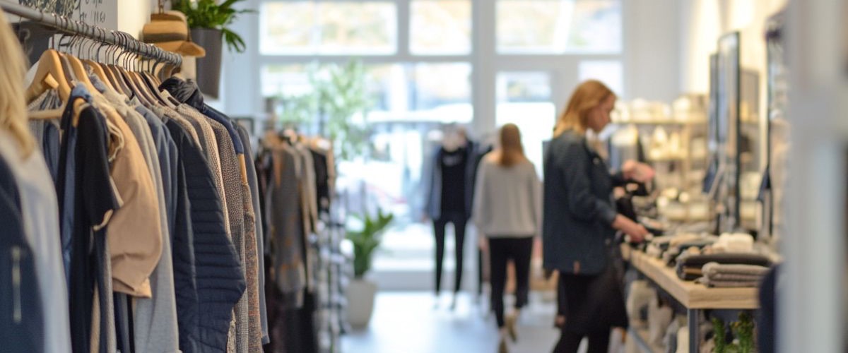 Shoppers browsing a bright clothing boutique