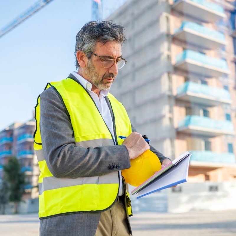 Contractor in a safety vest reviewing plans on a job site
