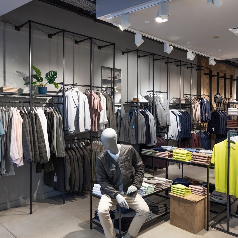 Clothing store with racks and folded shirts